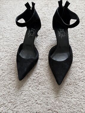 AGL Black Suede Pointed-Toe Ankle-Strap Pumps